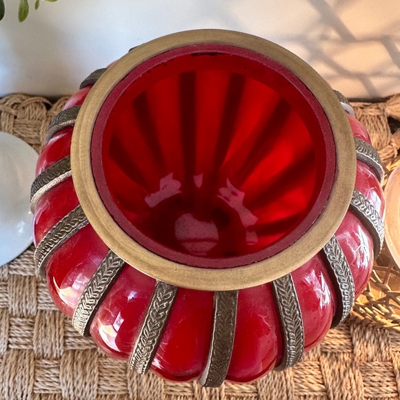 Vintage Lacquered Brass and Red Blown Glass Compote Jar with Ornate Lid - Picture 2 of 5